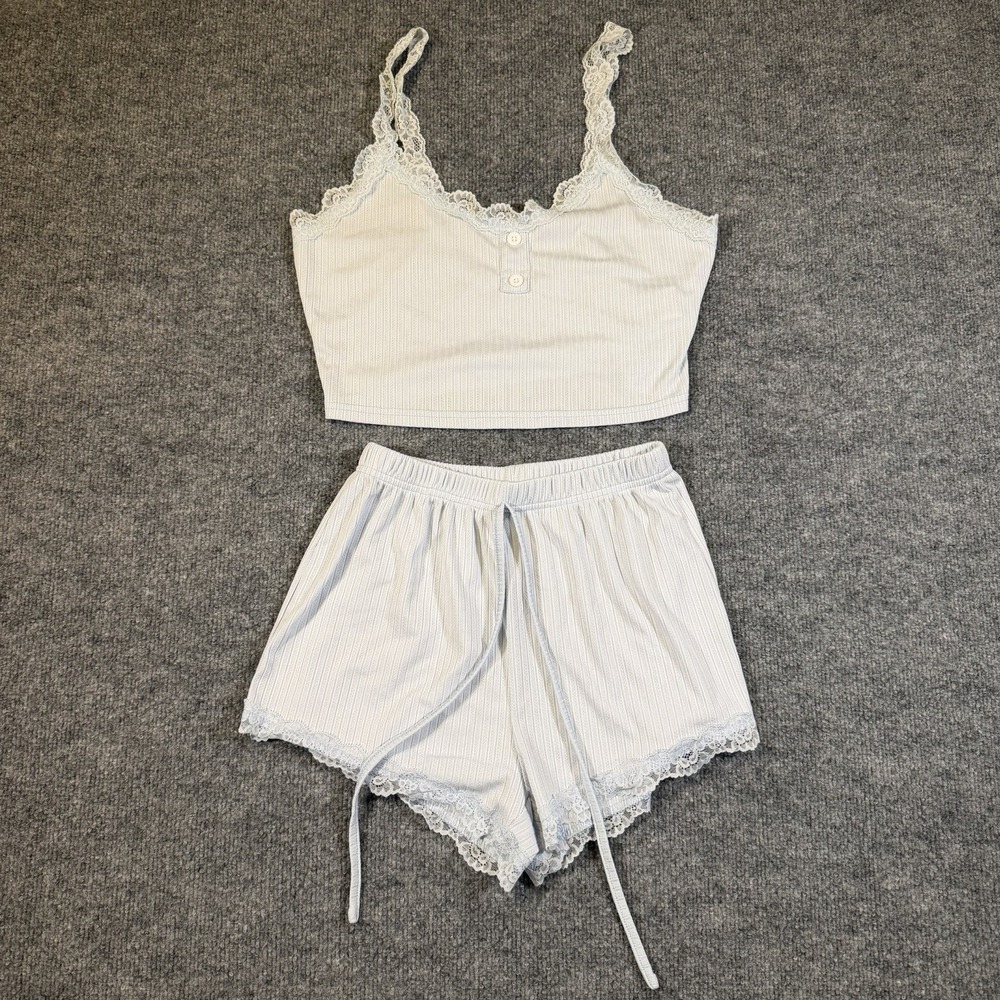 SHEIN Women's‎ M Pajama Set Cami Lace Trim Top & Shorts Blue Lounge Sleepwear